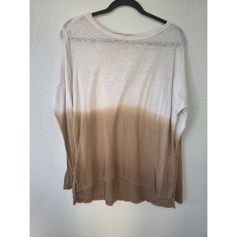 Lilla P T-Shirt Size M Long Sleeve Ombre White Brown Round Neck Linen Top